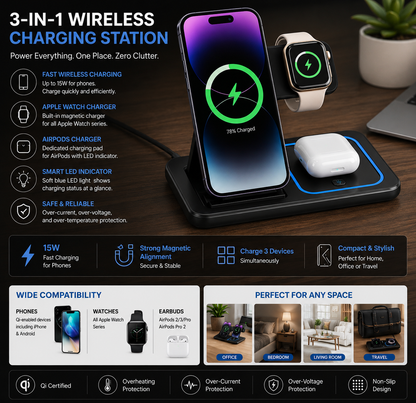 3-in-1 Wireless Charging Station – Fast Charger for iPhone, Apple Watch & AirPods