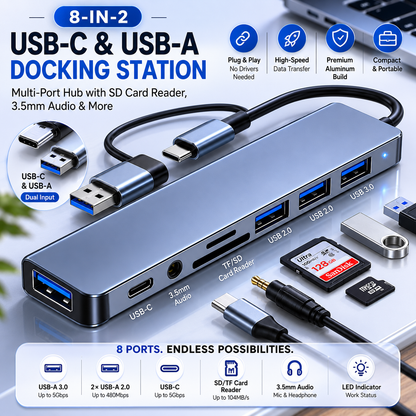 8-in-2 USB-C & USB-A Docking Station — Multi-Port Hub with SD Card Reader, 3.5mm Audio & More