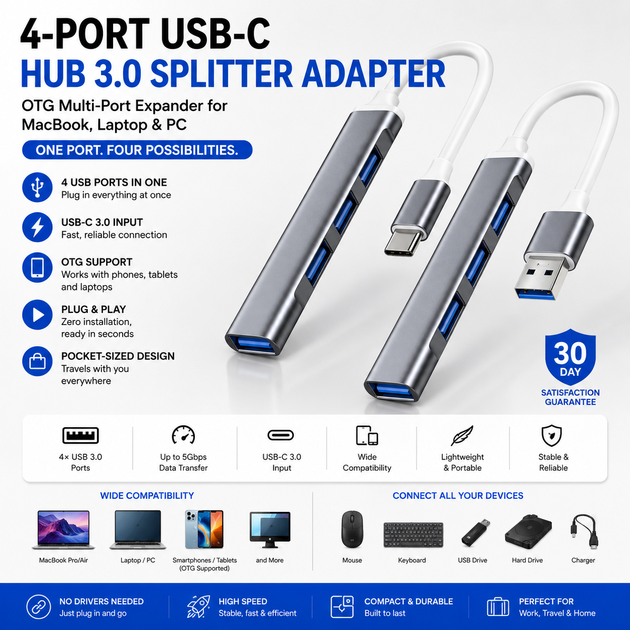 4-Port USB-C Hub 3.0 Splitter Adapter — OTG Multi-Port Expander for MacBook, Laptop & PC