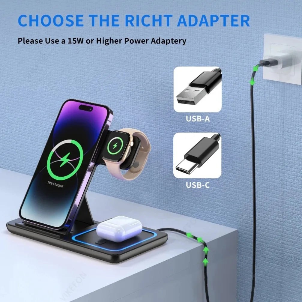 3-in-1 Wireless Charging Station – Fast Charger for iPhone, Apple Watch & AirPods