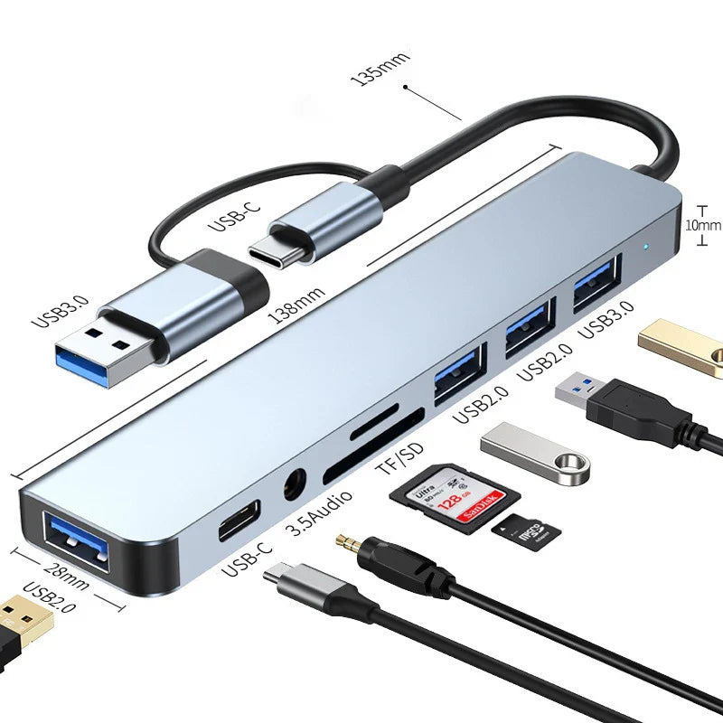 8-in-2 USB-C & USB-A Docking Station — Multi-Port Hub with SD Card Reader, 3.5mm Audio & More